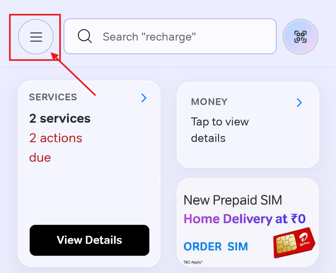 Airtel Thanks App Menu Screenshot