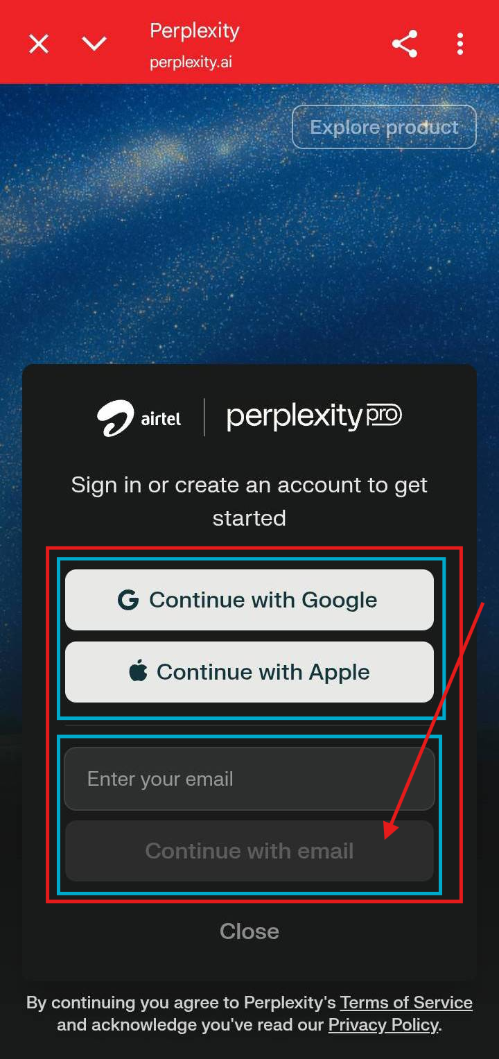 Airtel Perplexity Login Screenshot